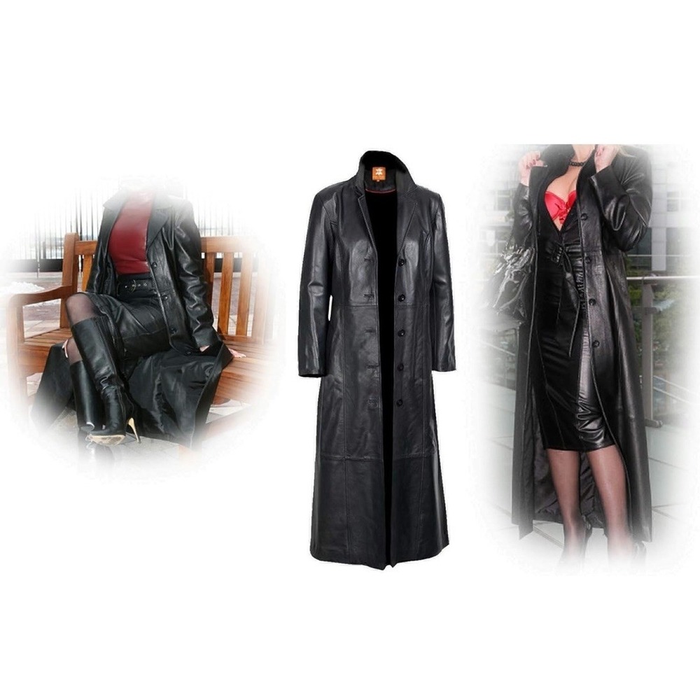 Women's Long Black Leather Trench Coat‎ Real Lambskin Maxi Duster Jacket Size XL